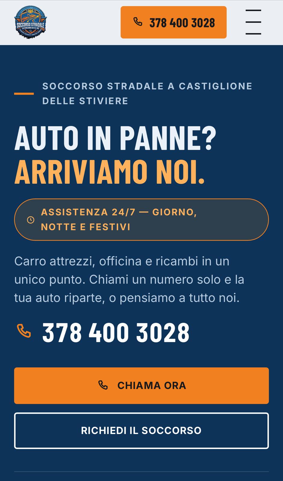 Italian roadside-assistance banner: headline Auto in panne? Arriviamo noi. 24/7 help, phone number 378 400 3028, orange CTA 'Chiama Ora' and dark blue 'Richiedi il Soccorso' button visible.