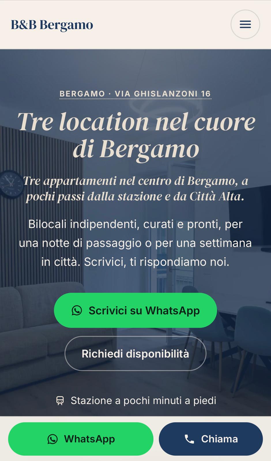 Hero section for B&B Bergamo: three central Bergamo apartments with a WhatsApp contact prompt.
