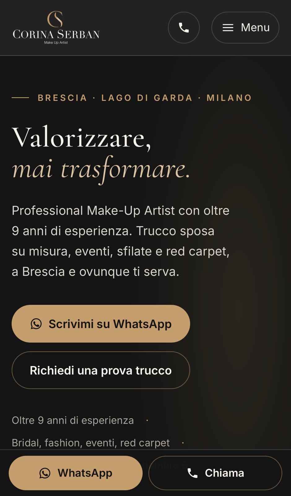 Hero section for a makeup artist's site: dark gradient page with logo, Menu button, and contact icons at top, Italian tagline below.